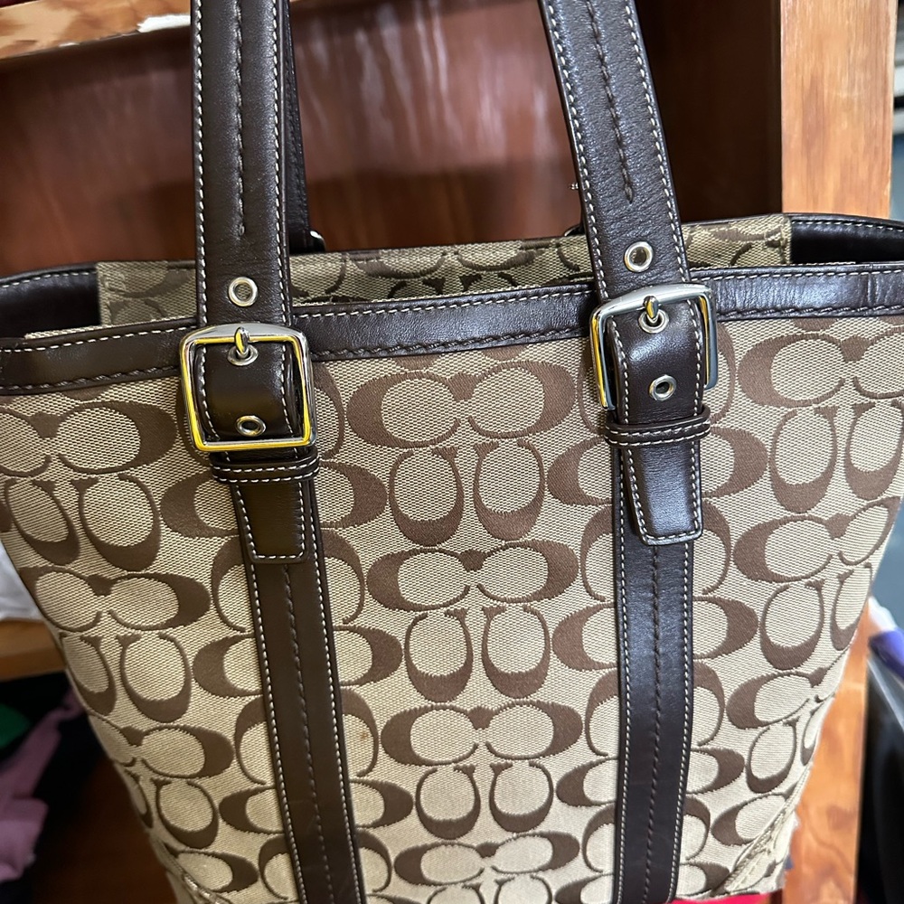 Coach Brown and Tan Signature Tote with Leather Trim